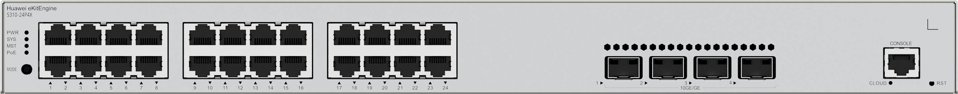 Un switch di rete con più porte per connettere dispositivi in una rete locale. Mostra la vista frontale e le porte.