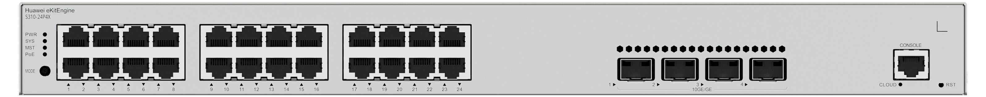 Switch di rete grigio con quattro file di porte Ethernet, indicatori LED a sinistra e un singolo connettore a destra.