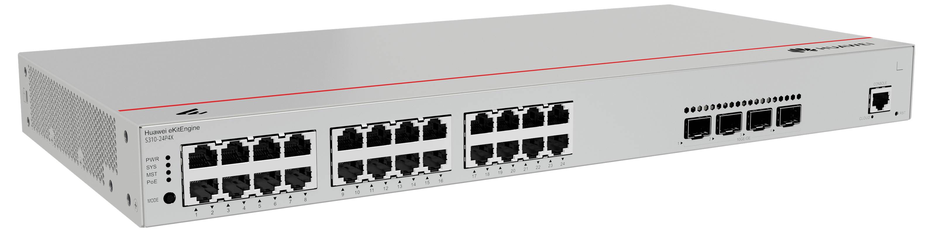 Switch di rete con 16 porte Ethernet e 2 porte SFP. Dispositivo di colore grigio, adatto per la gestione di reti locali.