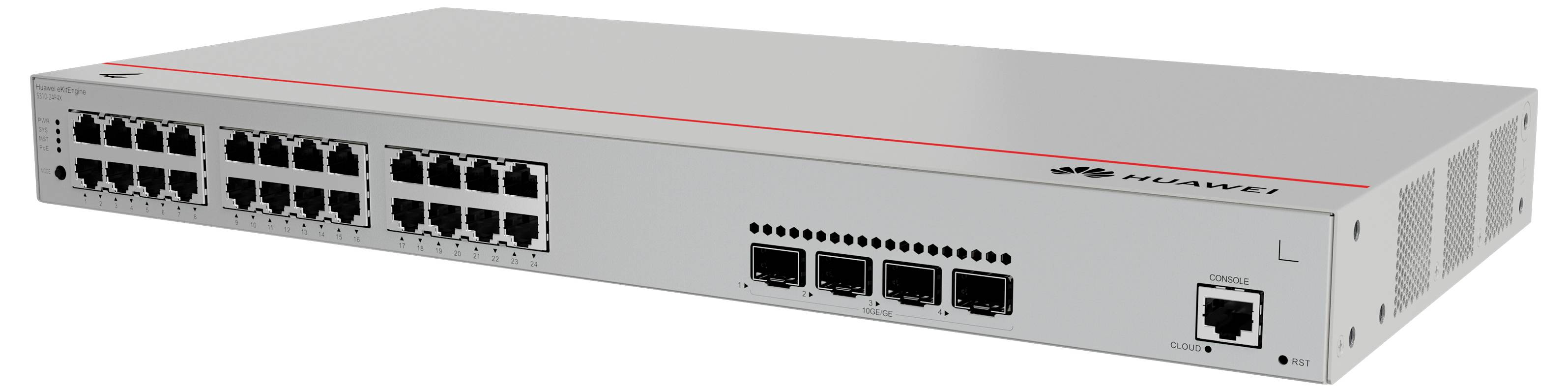 Un switch di rete grigio con più porte Ethernet e spie luminose sul frontale, idoneo per infrastrutture IT.