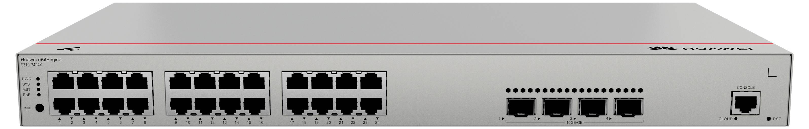 Un switch di rete con 24 porte Ethernet e porte uplink aggiuntive, idoneo per collegare dispositivi di rete in un ufficio.
