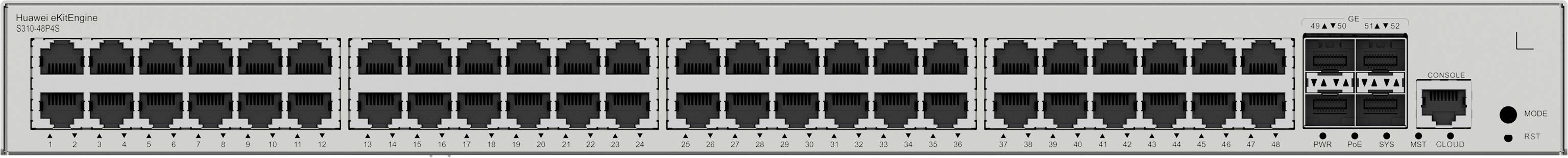 Un interruttore di rete con più file di porte per connessioni Ethernet, sul lato destro sono presenti indicatori di controllo illuminati e un interruttore di accensione.