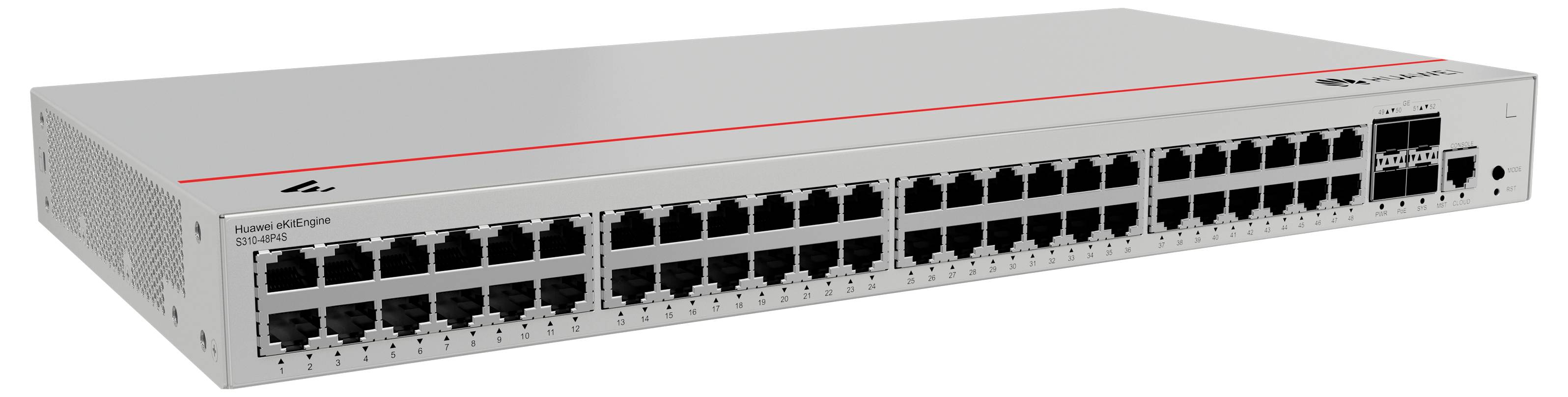 Un interruttore di rete con 48 porte Ethernet. Il lato destro mostra la connessione di rete e gli indicatori luminosi. Dispositivo di colore argento.