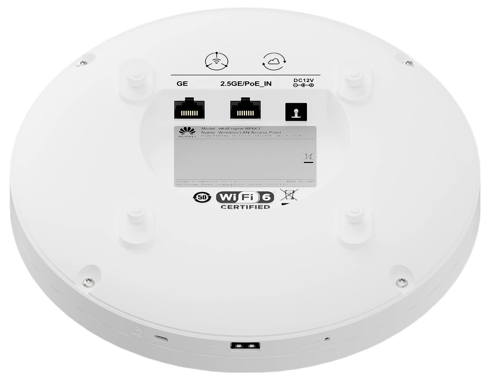 Il router mostra il lato inferiore con due porte Ethernet, una porta USB e un'etichetta con informazioni tecniche.