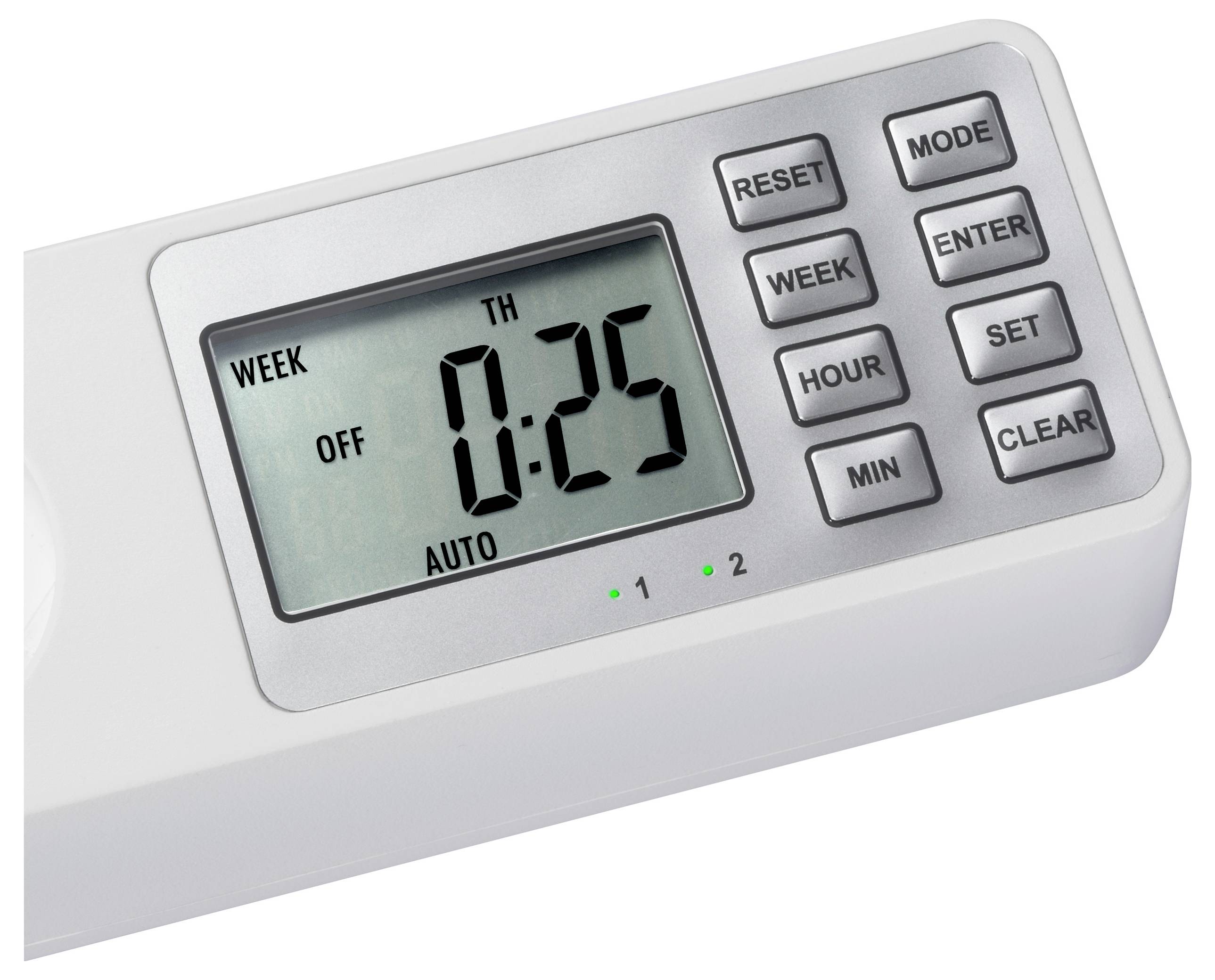 Timer digitale con display LCD che mostra '0:25'. Presenti pulsanti per modalità, settimana, ora e minuto.