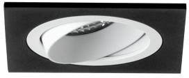 Un proiettore da soffitto orientabile con cornice rettangolare nera e involucro circolare bianco.