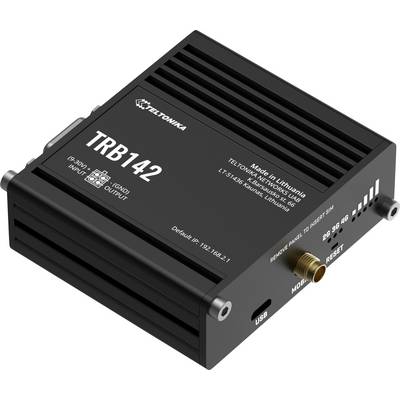 Router industriale Teltonika RUTX50 5G mostrato in vista angolata, dispositivo rettangolare nero con più porte per antenne ed etichette.
