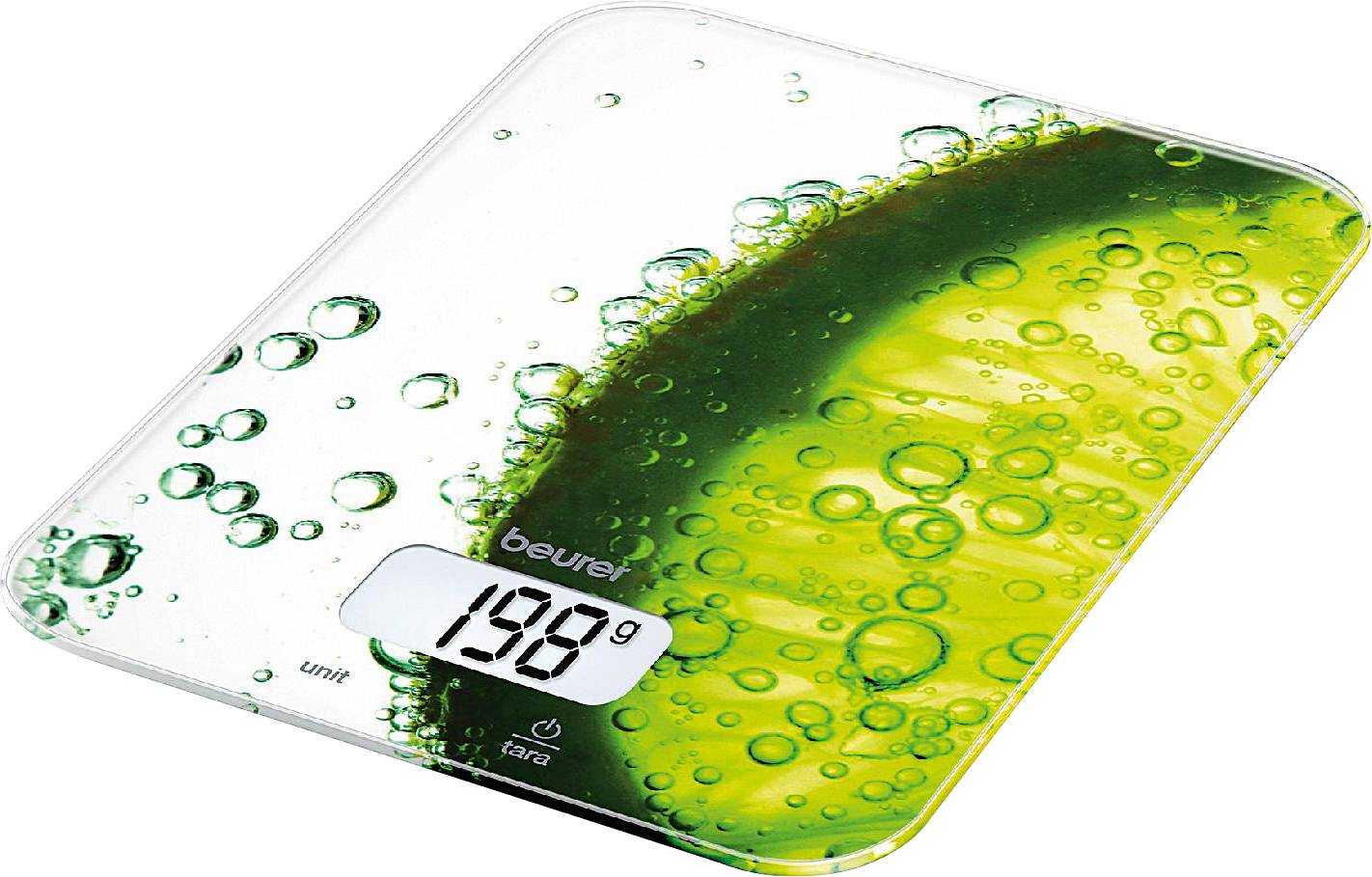 Bilancia da cucina digitale con una fetta di lime verde sullo sfondo, che indica un peso di 198 g.
