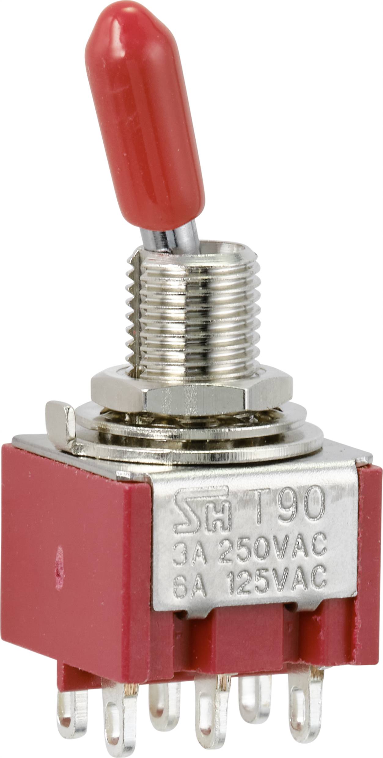 Un interruttore a levetta rosso con filettatura metallica e multiple connessioni. Sulla superficie metallica è riportato 'T90 3A 250VAC 6A 125VAC'.