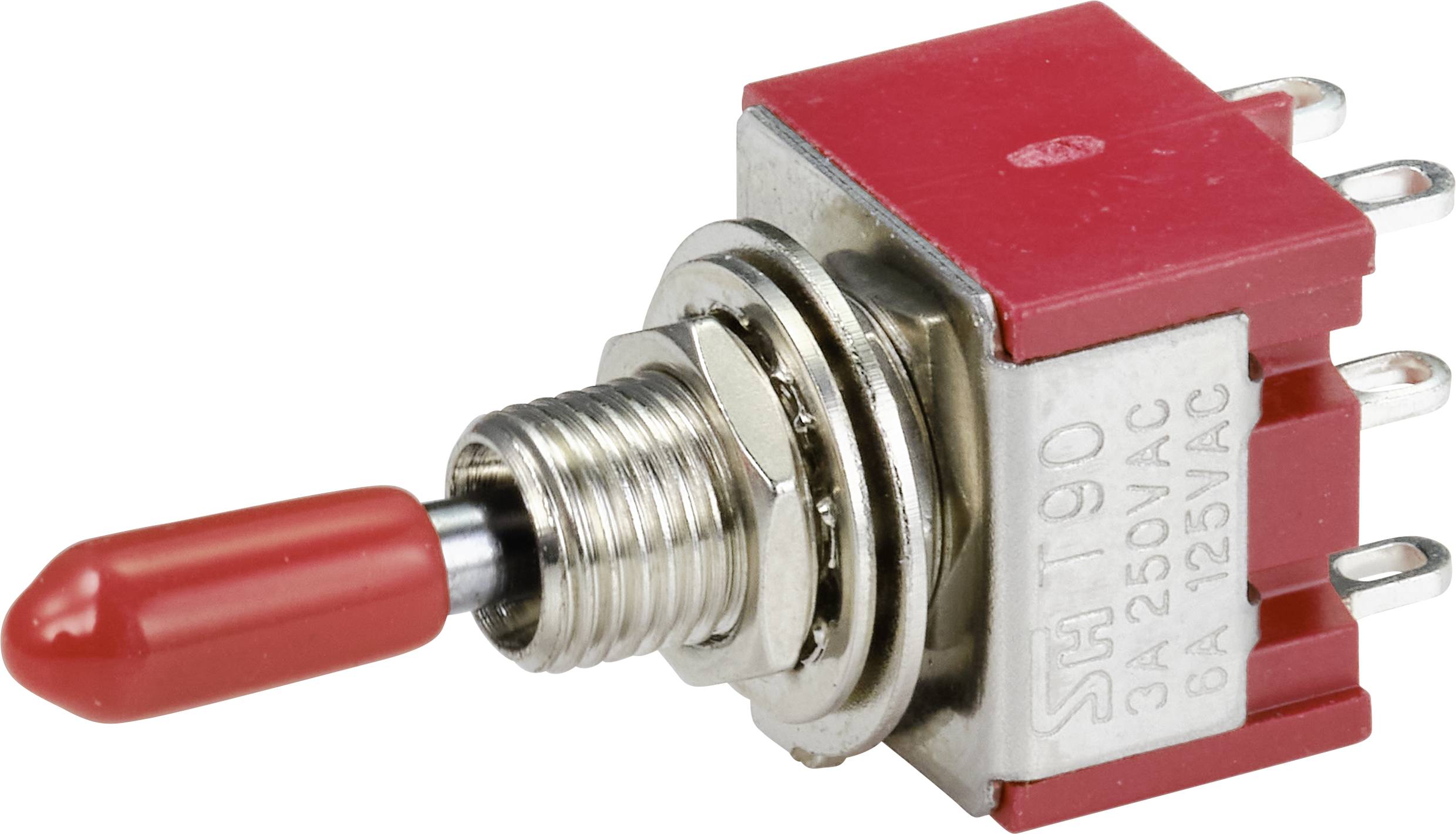 Un interruttore a levetta con leva rossa, alloggiamento in metallo e tre connettori per connessioni elettriche. Adatto per 250V e 6A.