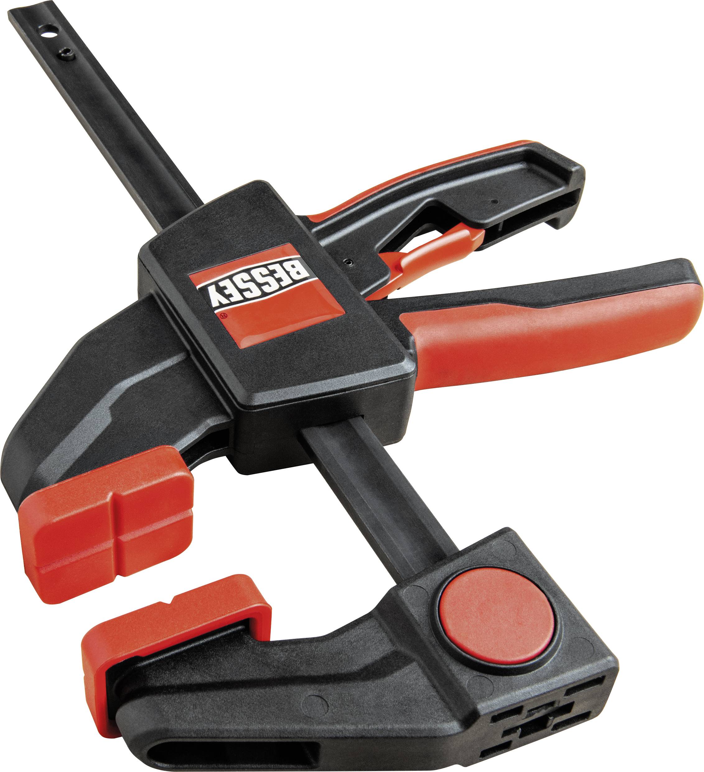 Una morsa a vite nera e rossa con la scritta 'BESSEY', adatta per fissare materiali durante il lavoro.