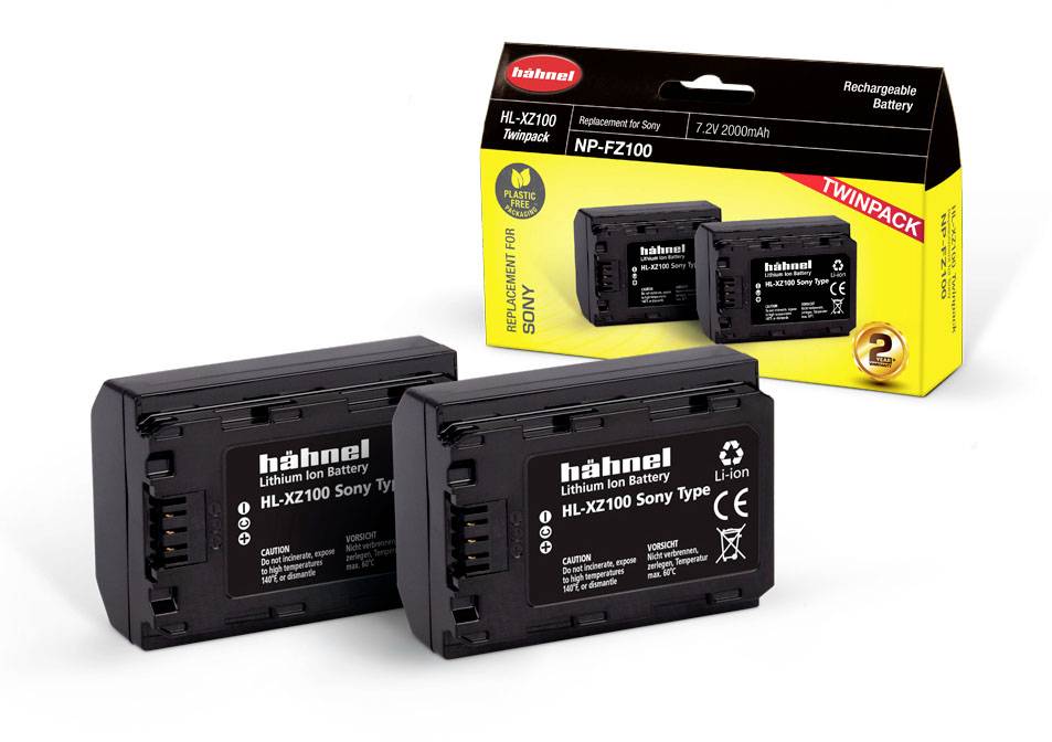 Due batterie agli ioni di litio Hähnel HL-XZ100 per Sony, ciascuna da 7,2V 2000mAh, illustrate davanti alla confezione di un doppio pack.