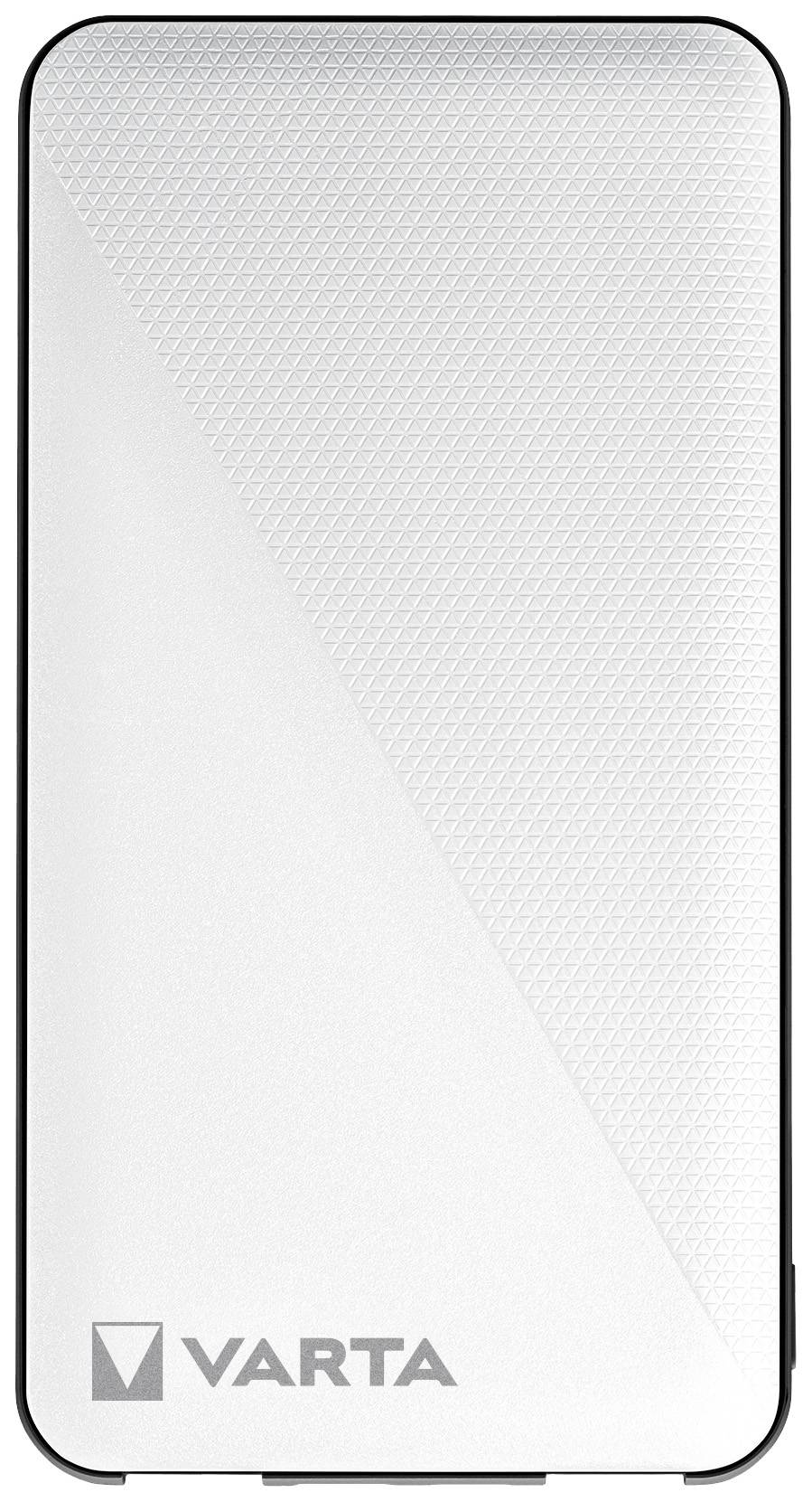 Powerbank portatile Varta in argento, forma rettangolare con angoli arrotondati e motivo strutturato sulla superficie.