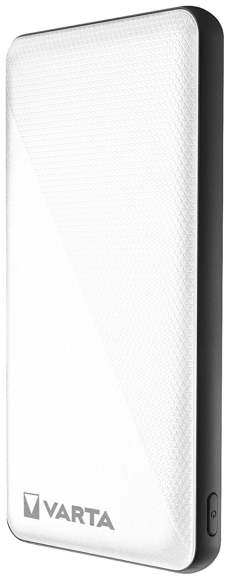 Powerbank 'VARTA' in nero e bianco con design sottile e rettangolare.