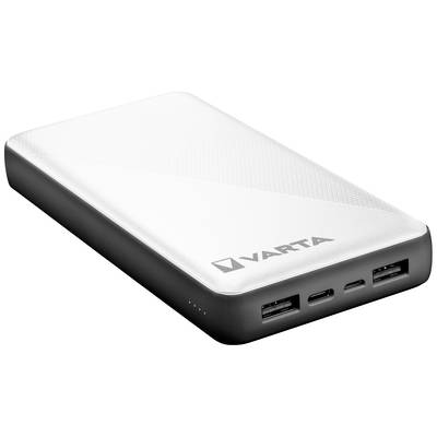Una power bank bianca con la scritta 'VARTA', due porte USB e una porta USB-C visibili sul lato.