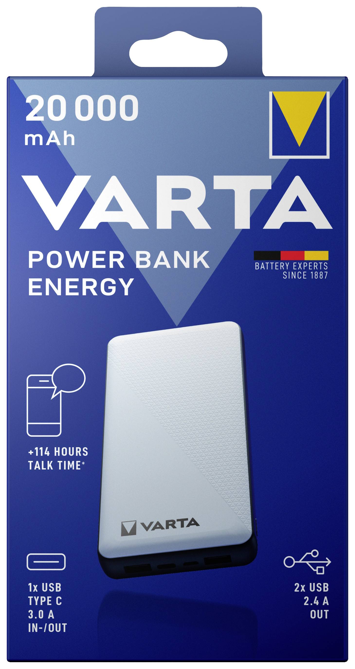 Una confezione di Powerbank Varta da 20.000 mAh, con ingresso USB-Tipo-C 3.0 e due uscite USB da 2,4 A. Fino a 114 ore di tempo di conversazione aggiuntivo.