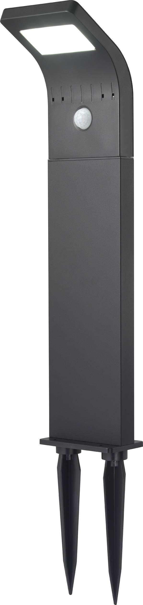 Lampada da esterno nera dal design moderno, con sensore di movimento integrato e due picchetti per il fissaggio al suolo.