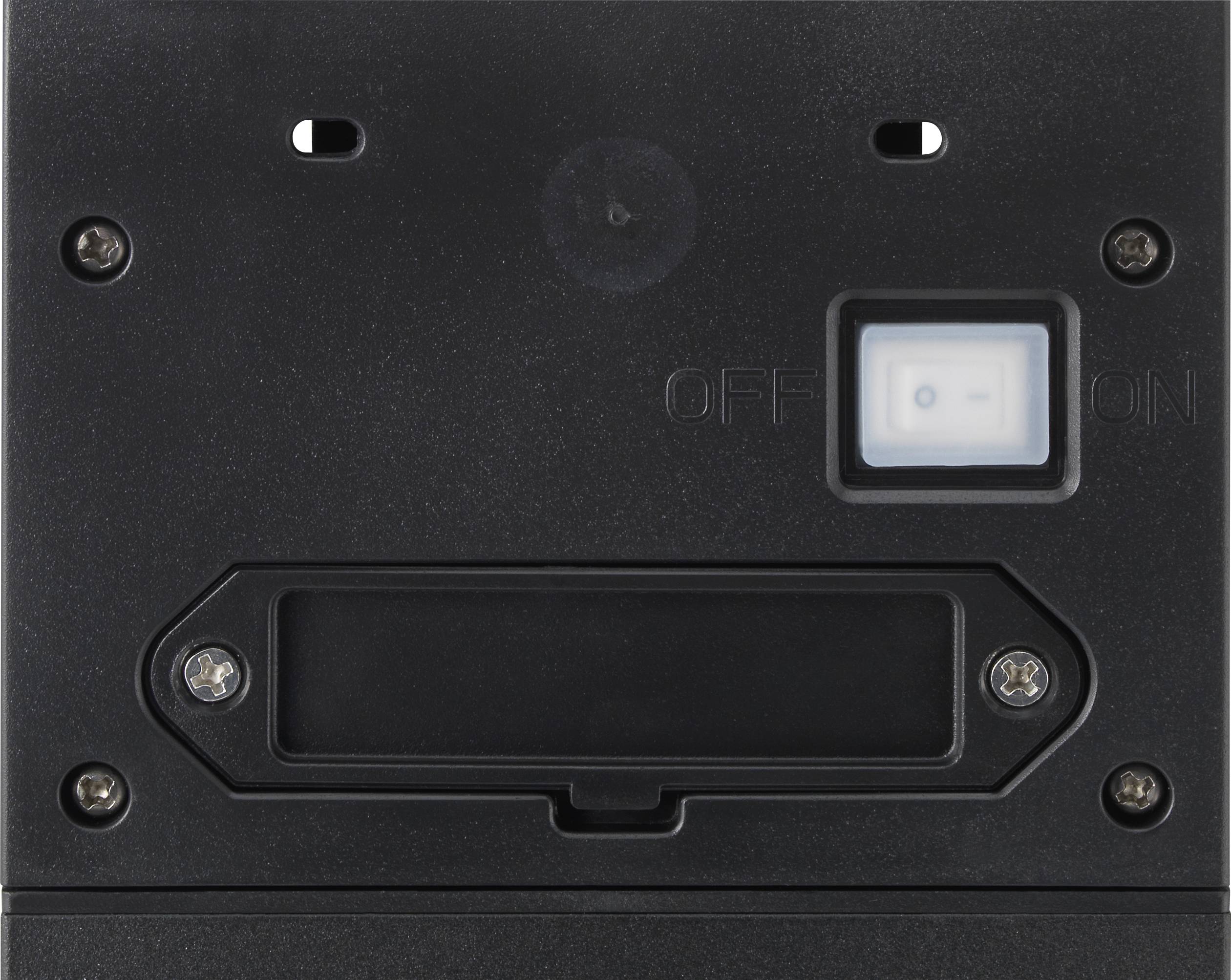 Un interruttore nero con la scritta 'OFF' e 'ON' su un dispositivo, circondato da viti.