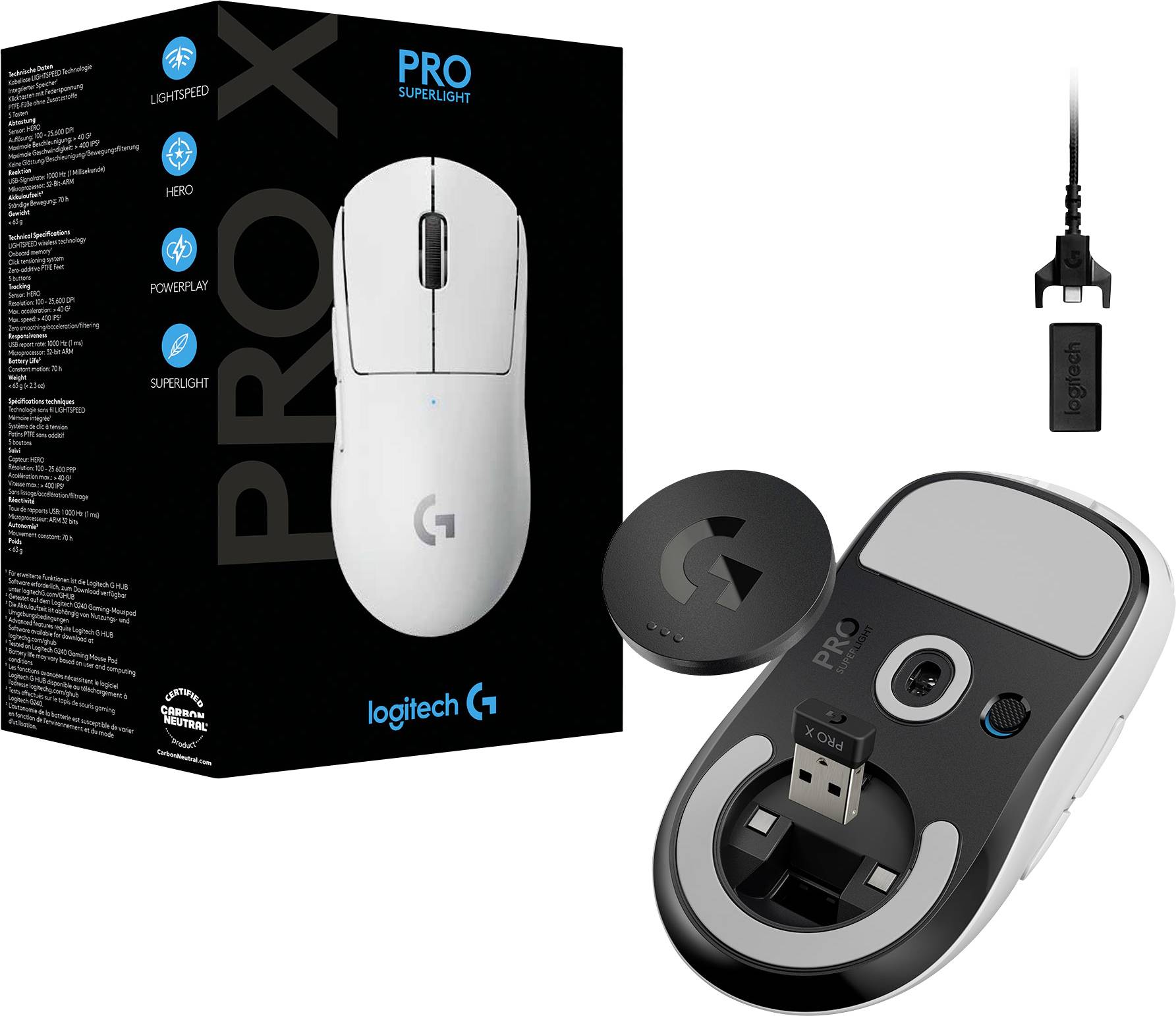 Confezione del 'Logitech G Pro X Superlight' accanto al mouse sospeso e aperto con dongle USB, con risalto sulla leggerezza e sulle prestazioni.