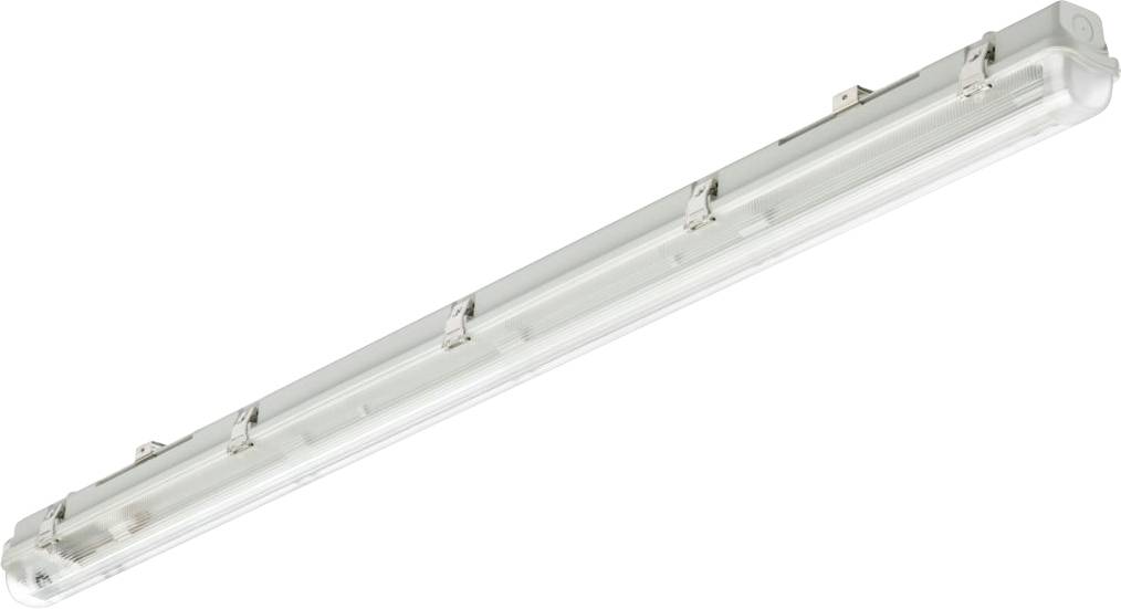Un tubo fluorescente lungo e bianco con copertura trasparente, installabile su soffitti o pareti, idoneo per l'illuminazione industriale.