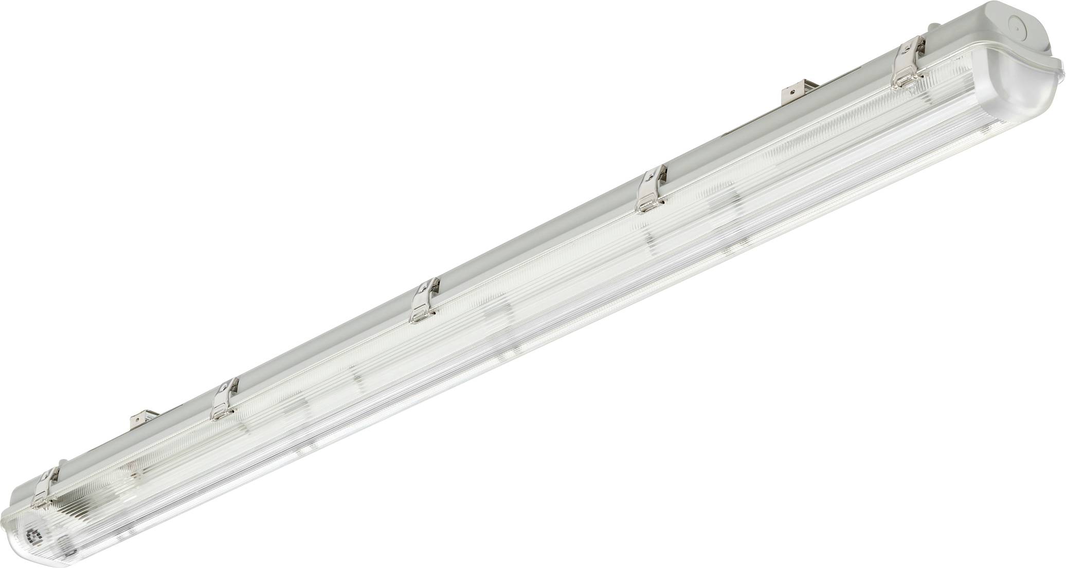Lampada industriale di forma allungata con copertura trasparente e supporti a vista, adatta per illuminazione di ampi spazi.