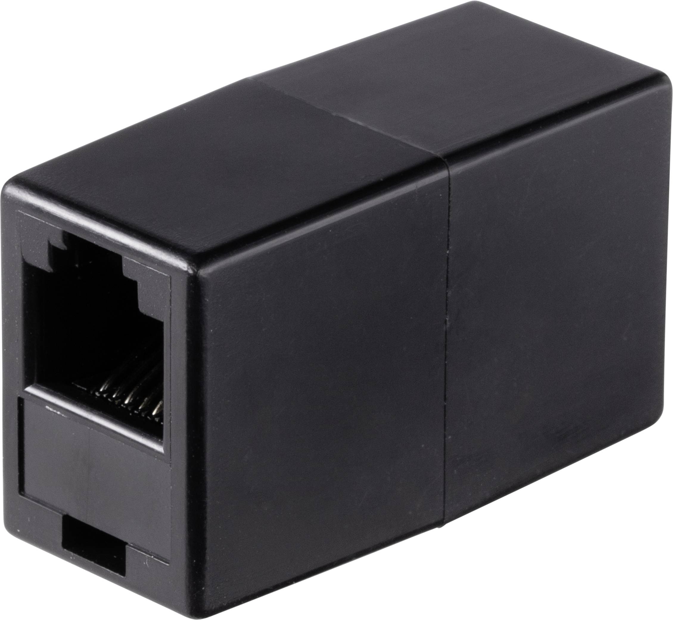 Un accoppiatore Ethernet nero con due porte RJ45, utilizzato per collegare cavi di rete.