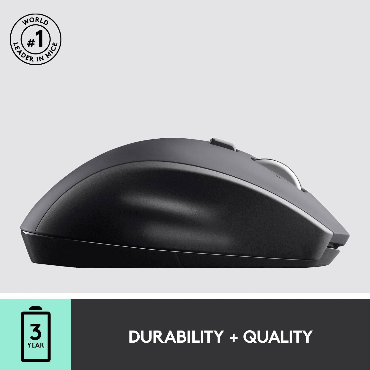 Mouse nera per computer vista laterale. Testo sottostante: 'Resistenza e qualità'. Garanzia di 3 anni indicata.