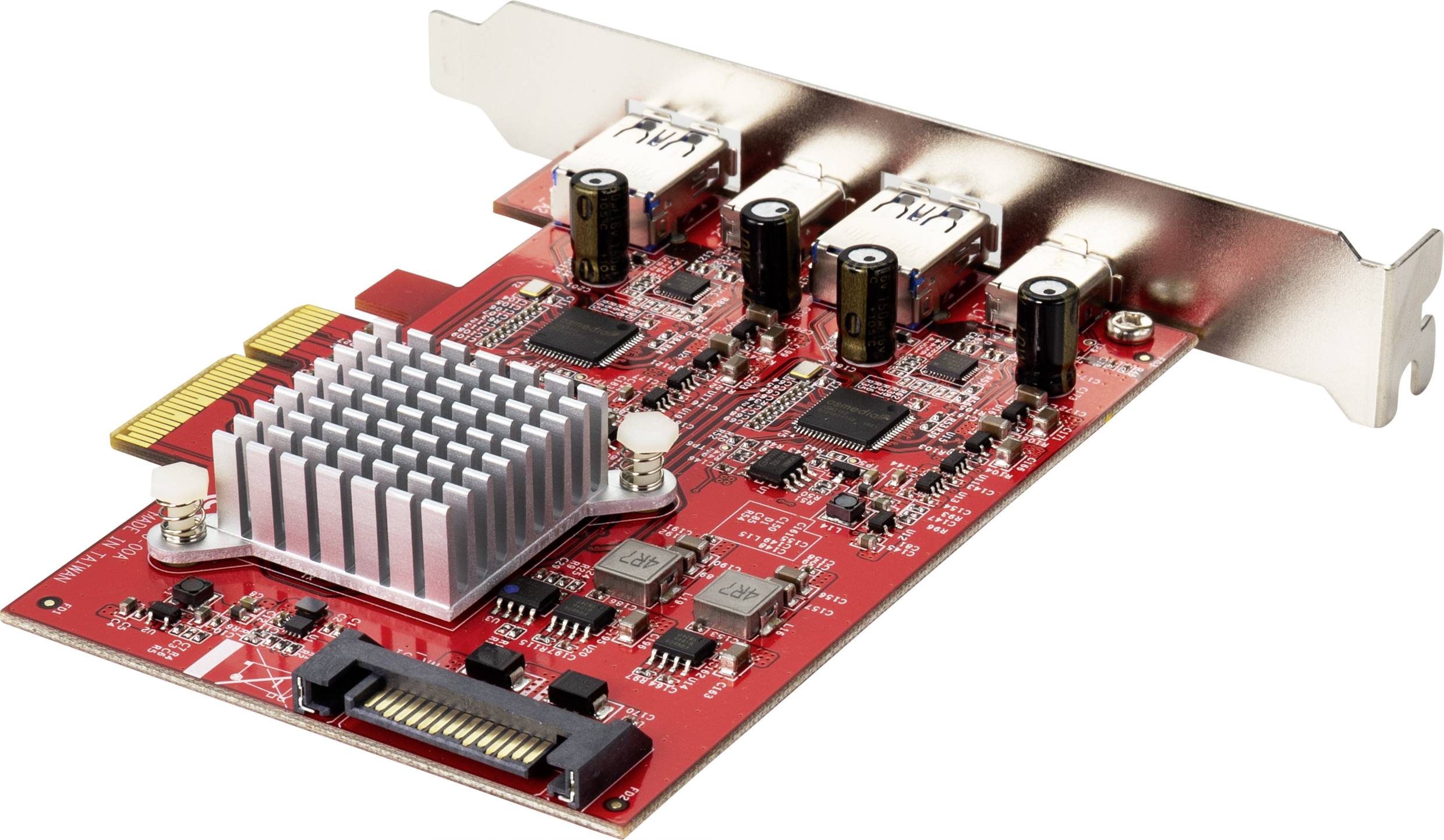 Scheda di espansione rossa con dissipatore di calore, tre porte USB e slot PCIe. Utilizzata per l'espansione delle funzionalità del computer.