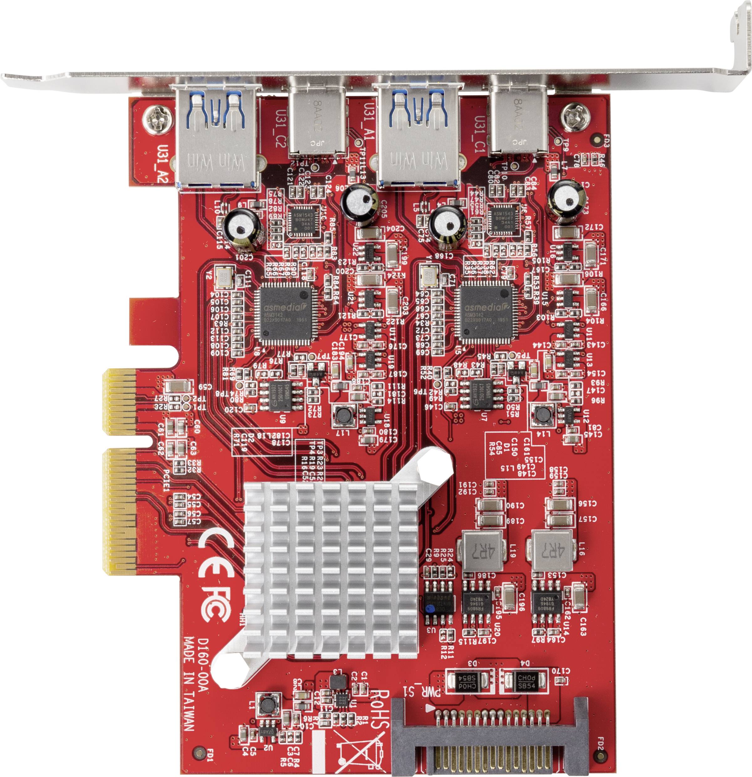Scheda di espansione rossa con due porte Ethernet e circuito multistrato. Retro con due circuiti integrati (IC) e vari componenti elettronici visibili.