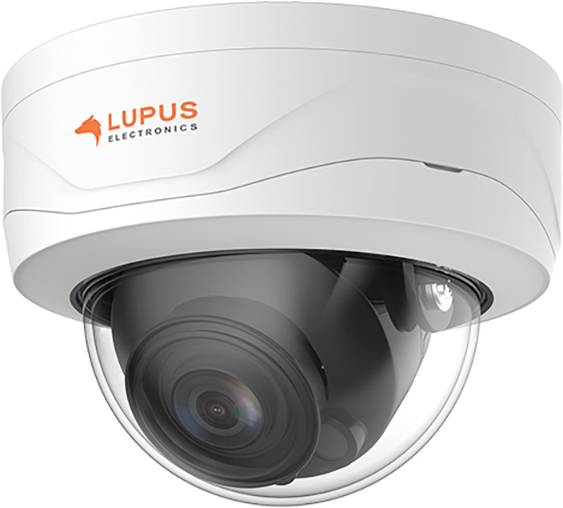 Una telecamera di sorveglianza bianca di Lupus Electronics con un obiettivo curvo, adatta per la sorveglianza interna o esterna.