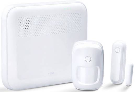 Un sistema di sicurezza bianco con una stazione base e due sensori per il monitoraggio domestico. La stazione base mostra luci LED verdi.
