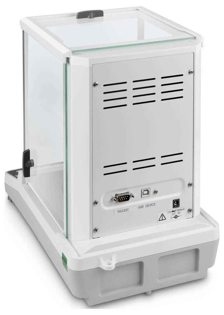 Un dispositivo da laboratorio con pareti in vetro per misurazioni precise di materiali, con connettori USB e RS232C sul retro.