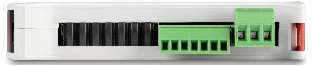 Un dispositivo elettronico rettangolare con connettori maschio neri e verdi sul lato frontale.