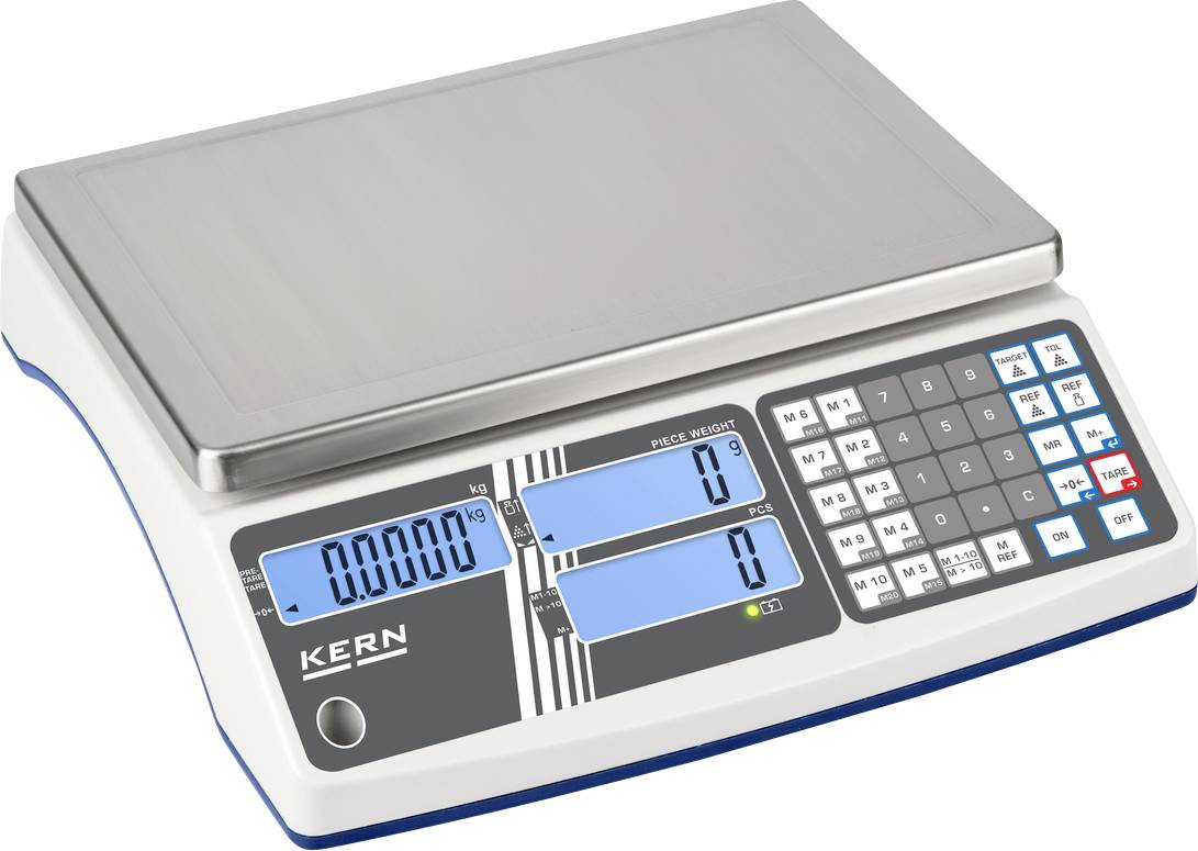 Bilancia elettronica da tavolo con display digitale, tastiera e piattaforma in acciaio inox, che visualizza peso e numero di pezzi.