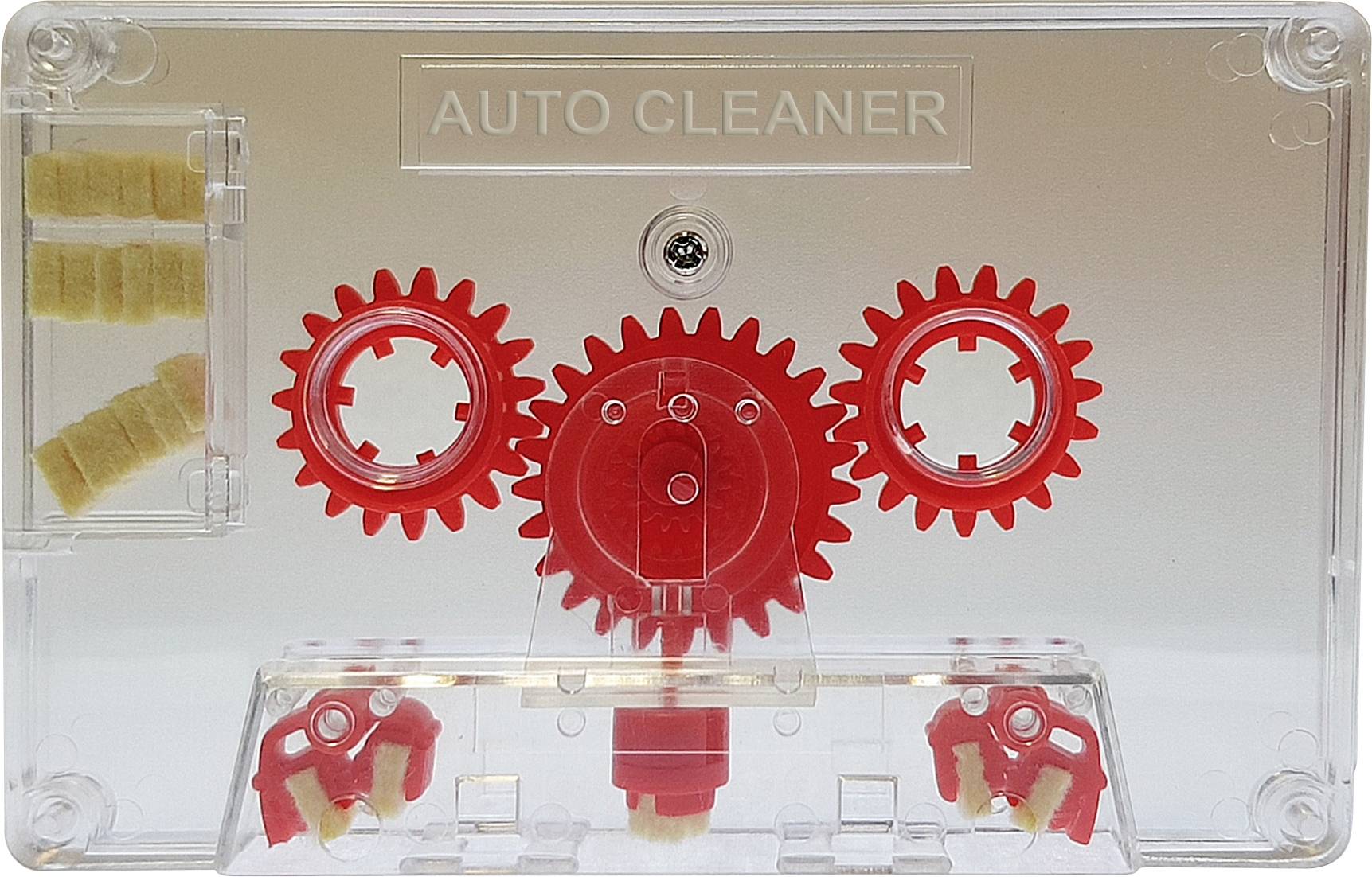 Una scatola trasparente con ingranaggi rossi e spazzole, etichettata 'Auto Cleaner'. Da utilizzare come puliapparecchi per cassette.