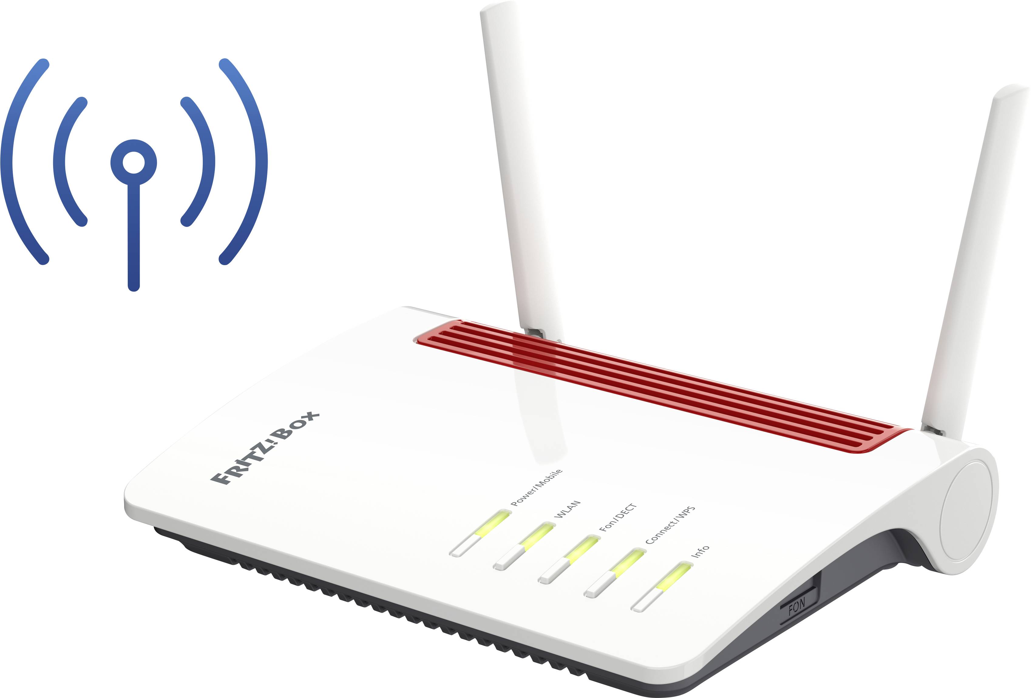 Un router Wi-Fi bianco con due antenne. In alto a sinistra è presente un simbolo Wi-Fi blu. Il router ha LED per diverse funzioni.