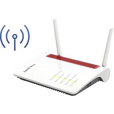 Un router Wi-Fi bianco con due antenne. In alto a sinistra è presente un simbolo Wi-Fi blu. Il router ha LED per diverse funzioni.