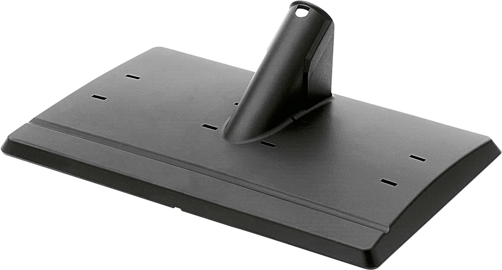 Piedistallo nero rettangolare, leggermente inclinato, con un supporto verticale al centro. Visibili diversi slot per il fissaggio.