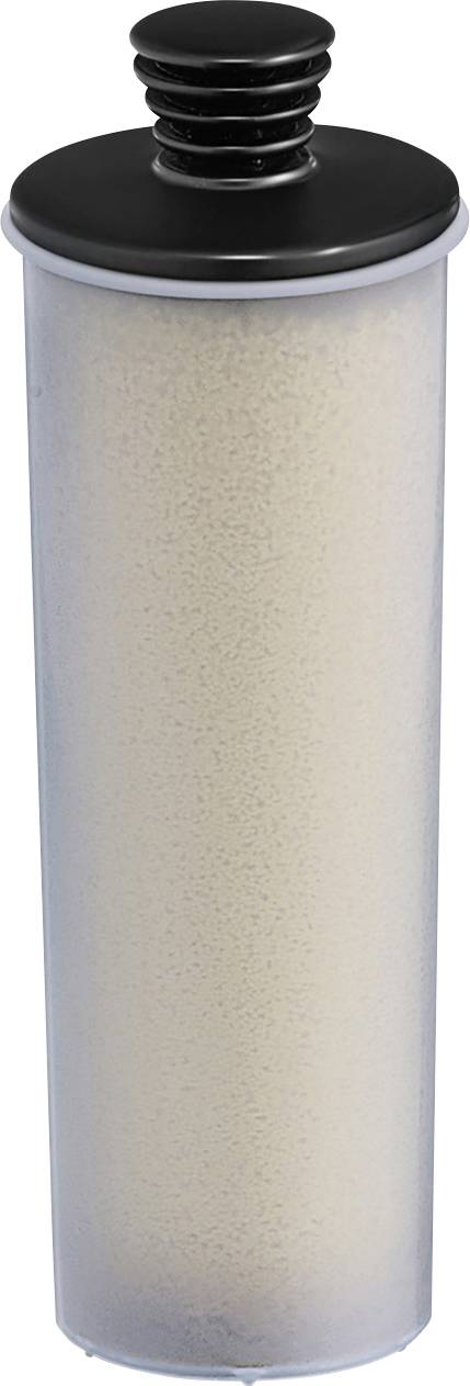 Filtro cilindrico per acqua con un tappo nero. Adatto per la purificazione dell'acqua domestica.
