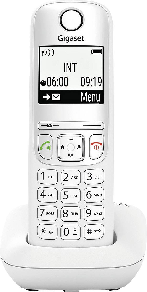 Telefono cordless in una stazione di ricarica, che mostra l'ora 09:19. Tastiera con cifre e tasti funzione per chiamate e menu.