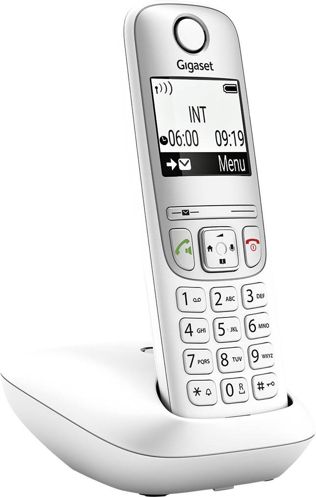Telefono cordless con display e tasti per chiamate, regolazione del volume e navigazione dei menu. Dettagli display: ora, menu.