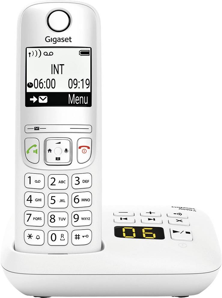 Un telefono cordless bianco su una base, che mostra l'ora. Tasti con numeri e simboli sottostanti.