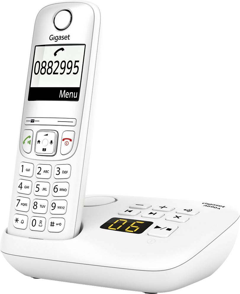 Telefono cordless nella sua stazione base. Il display mostra il numero '0882995'. L'apparecchio è bianco con tasti grandi.