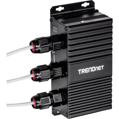 Un switch PoE industriale nero del marchio TRENDnet con tre cavi di rete collegati, montabile a parete con nervature di raffreddamento.