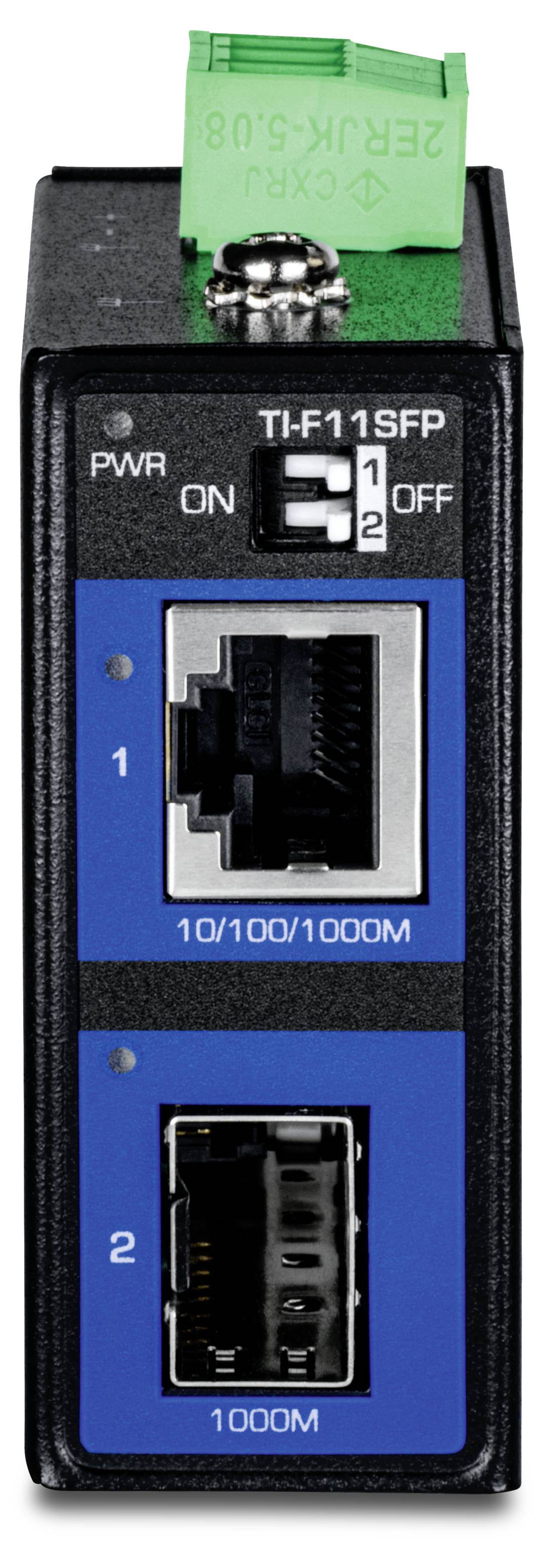 Vista frontale di un modulo switch di rete TI-F11SFP con due porte Ethernet, LED di stato e interruttore di alimentazione etichettato PWR ON/OFF.