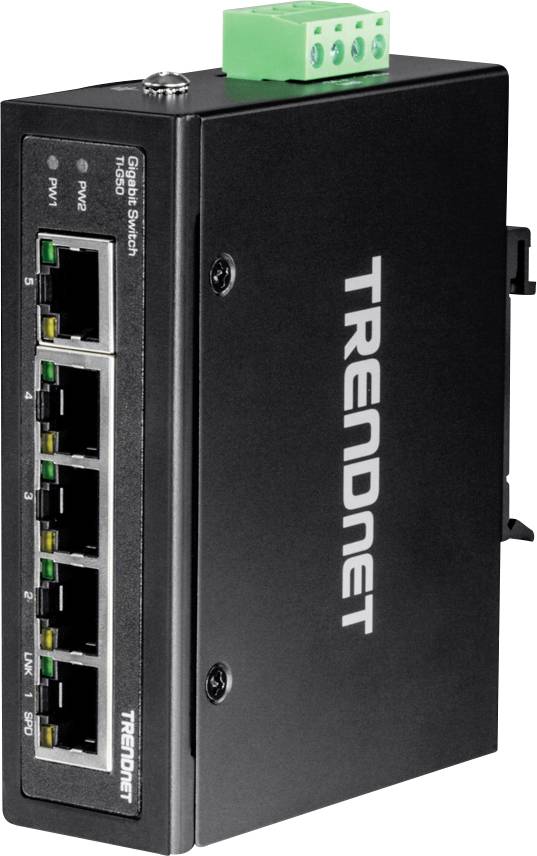 Un switch Ethernet TRENDnet nero a cinque porte con connettore di alimentazione verde, adatto per applicazioni industriali.
