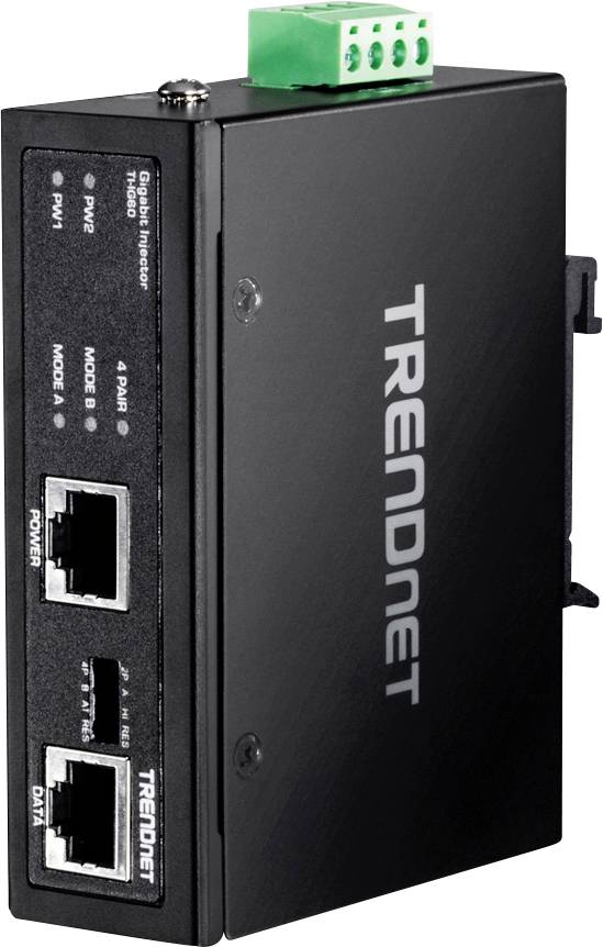 'Iniettore PoE+ industriale Gigabit a 2 porte TRENDnet TI-PG102' con due connessioni Ethernet e blocco di connessione verde in alto.