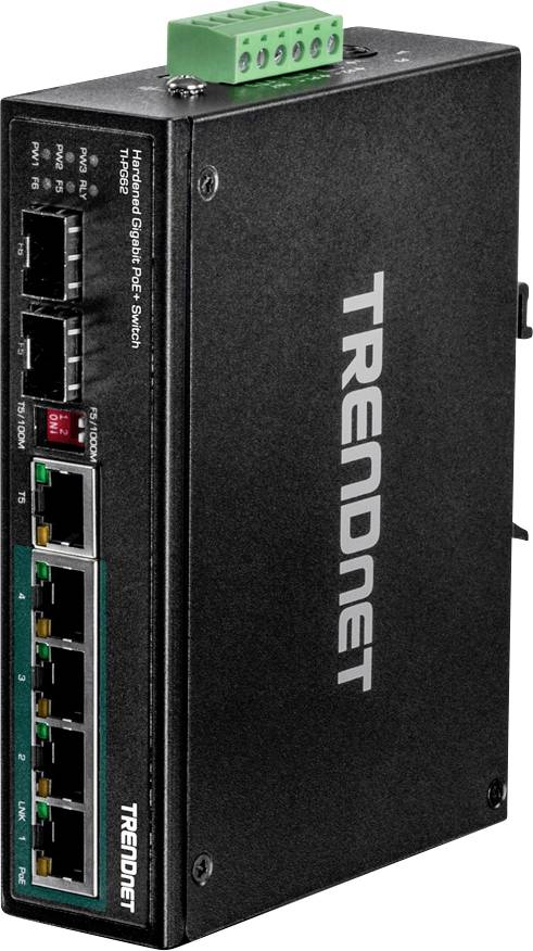 Switch Ethernet industriale con custodia robusta, sei porte Ethernet e blocco connettori verde. Modello: TRENDnet TI-PG62B.