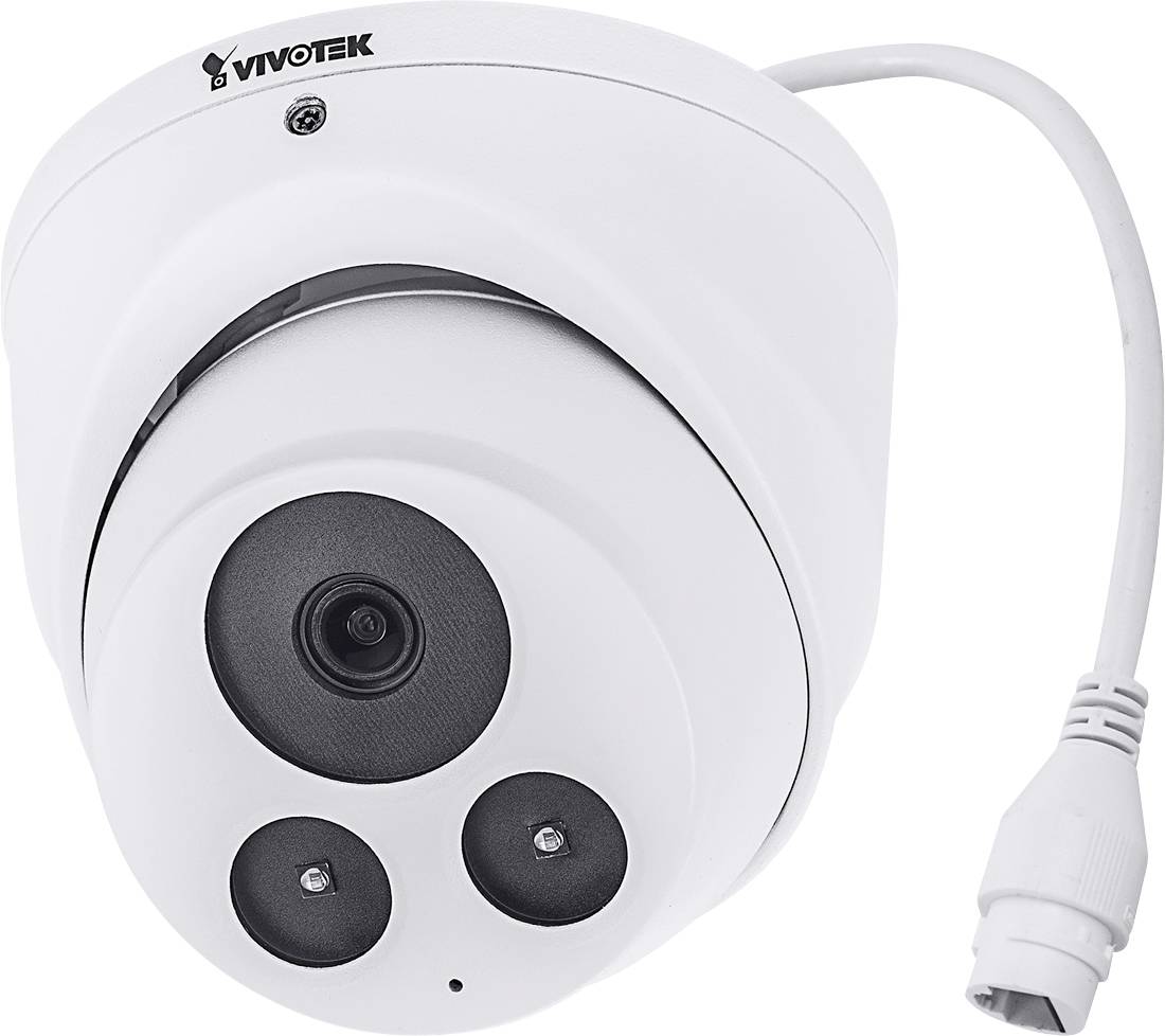 Una telecamera di sorveglianza bianca a forma di cupola con il marchio 'VIVOTEK', dotata di multiple lenti e un attacco per cavo.