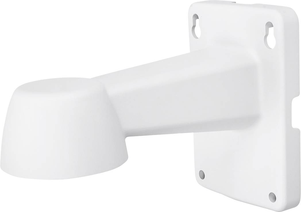 Supporto da parete bianco con base rettangolare e staffa arrotondata, idoneo per il fissaggio di fotocamere o dispositivi tecnici alle pareti.